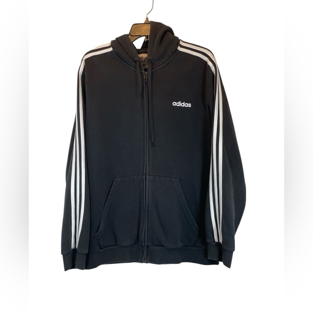 Adidas Essential Fleece Black Hoodie with White Three Stripes DQ3101 size XL
